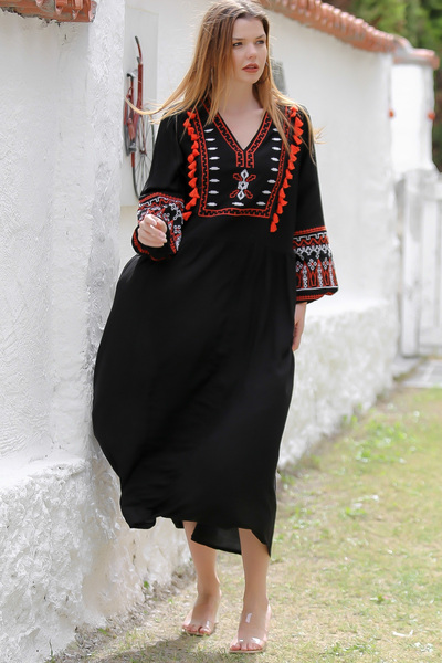 Chiccy V-Neck Embroidered Black Tassel Balloon Sleeve Casual Dress