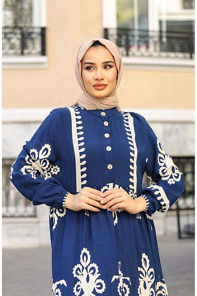 sefamerve Navy Blue Tile Patterned Dress - 4100-05
