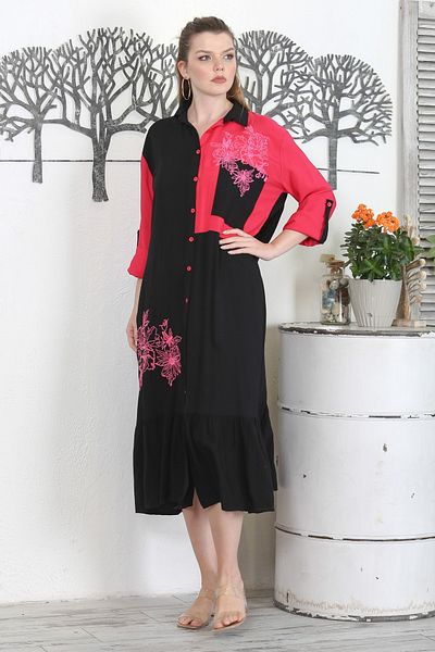 Chiccy Verde-fucsia Guler cămașă fustă cu mânecă lungă cu nasturi Brodat cu volane Rochie țesută casual