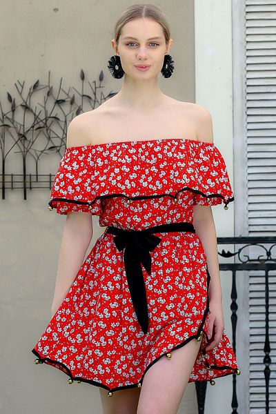 Chiccy Women's Red Carmen Collar Bead Embroidered Flower Pattern Belted Mini Woven Dress M10160000EL94997