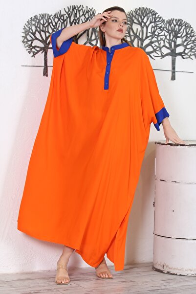 Chiccy Πορτοκαλί γιακάς δικαστή 3/4 μανικετόκουμενο υφαντό γαρνιρισμένο κεντημένο casual oversize υφαντό φόρεμα
