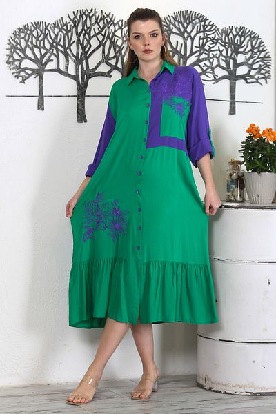 Chiccy Green-Purple Shirt Collar Buttoned Long Sleeve Skirt Frill Embroidered Casual Woven Dress