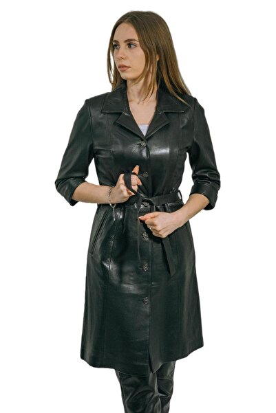 hilda deri Hakiki Deri Trençkot Siyah Elbise Yarım Kollu Düğmeli Diana