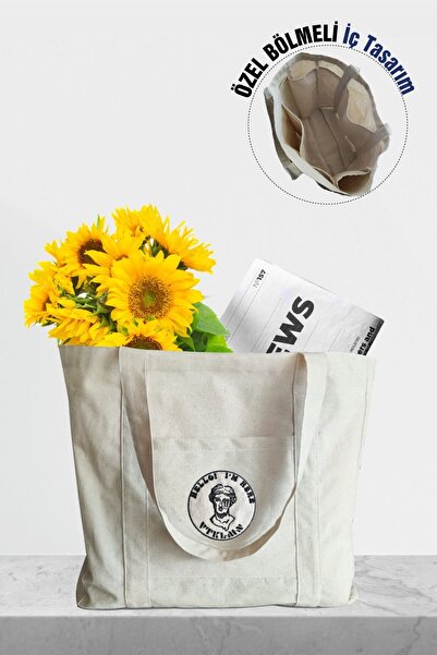 Vatkalimon % 100 Pamuk Kanvas Bölmeli Bez Çanta / Tote Bag