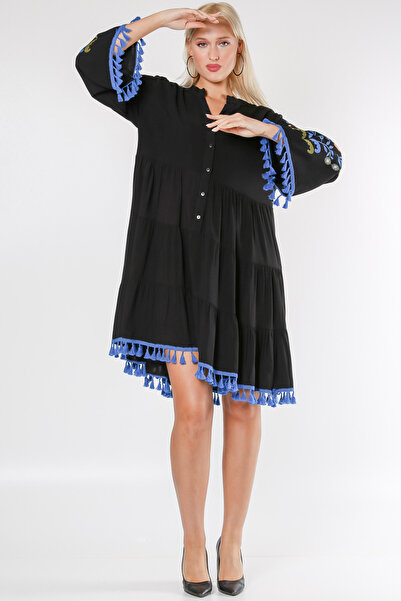 Chiccy Black High Collar Buttoned Embroidered Woven Dress with Tassels on Sleeves and Hem