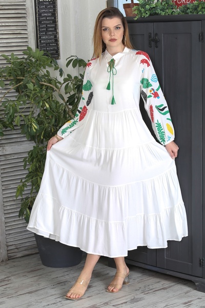 Chiccy تنورة بياقة القاضي باللون الأبيض، فستان منسوج كاجوال مزين بشراشيب ومطبوع