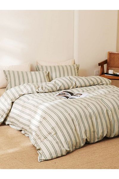 CAQQA Striped Natural Striped Single Cotton Duvet Cover Set for Children and Teens