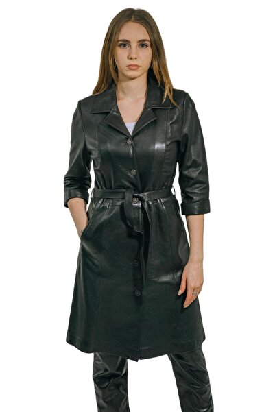 hilda deri Hakiki Deri Trençkot Siyah Elbise Yarım Kollu Düğmeli Diana