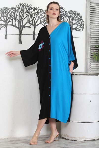 Chiccy Rochie țesută casual brodata cu buzunare ascunse cu nasturi manual, cu decolteu în V, cu mâneci 3/4 Fatma Mother