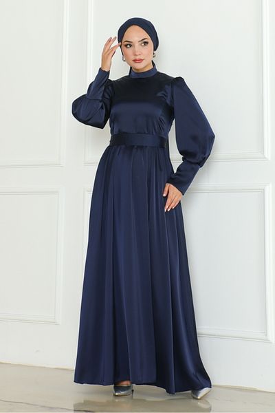 Bestenur Σατέν Βραδινό Φόρεμα 1136 - Navy Blue, Sashed