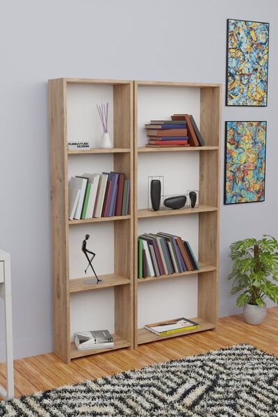 CMKStore 5 Raflı Kitaplık Seti Arkalıklı 1 Dar 1 Geniş Raf Kütüphane 170 cm Atlantik Çam