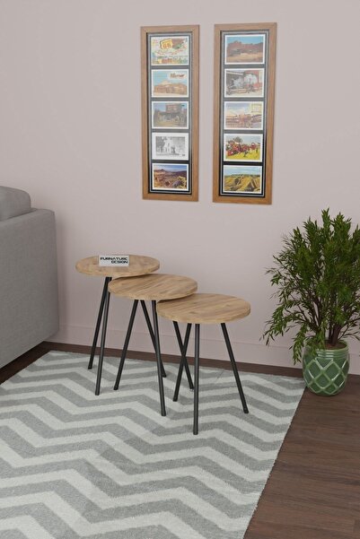 CMKStore 3'lü Zigon Sehpa Seti Metal Ayaklı Yan Sehpa Atlantik Çam