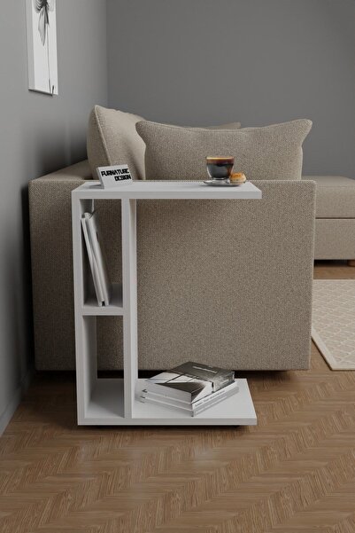 CMKStore C Yan Sehpa Tekerlekli Koltuk Kenarı Dergilik Sehpa Beyaz