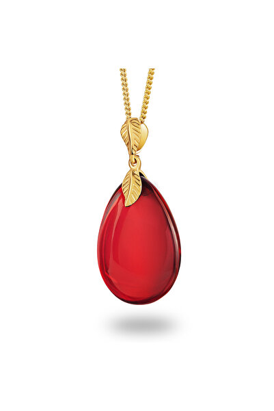 Amber by Mazukna Kırmızı Damla Kesim Kehribar Kolye, Gümüş Altın Kaplama 45cm...