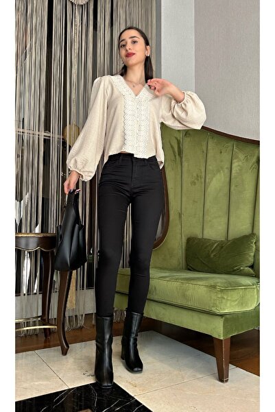 Jöns Butik Yüksel Bel Likralı Klasik Kesim Kadın Siyah Pantalon