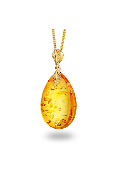 Amber by Mazukna Bal Sarısı Damla Kesim Kehribar Kolye, Gümüş Altın Kaplama 4...
