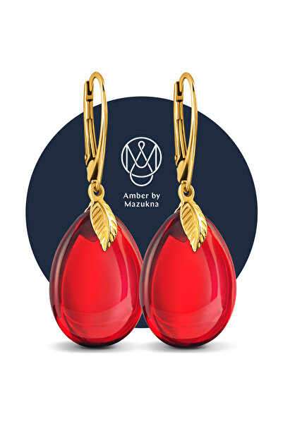 Amber by Mazukna Kırmızı Damla Kesim Kehribar Küpe, 925 Gümüş Altın Kaplama Kilit, Genç, Yetişkin, Sertifikalı
