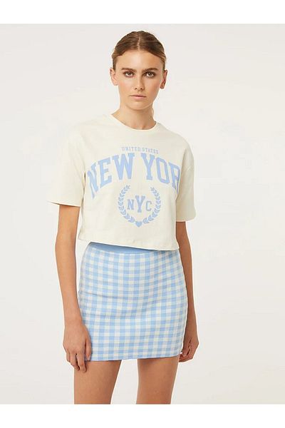 NEWLAKER Oversize New York Crop Top Cream T-Shirt