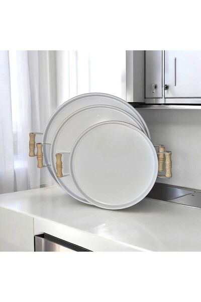 Genel Markalar Tepsi Seti Ahşap Kulplu Metal Çay Tepsisi Kahve Tepsisi Sunum Kahvaltı 3'lü Tepsi Seti