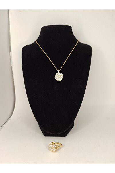 Romea Dönen Yonca Stres Çarklı Çelik Kolye-Yüzük Seti Altın Rengi