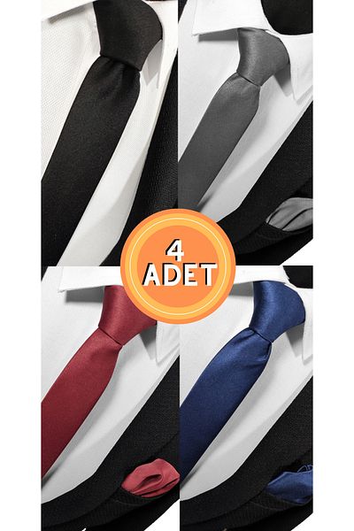 BLC Basic Line Co. 4-Piece Advantage Tie and Handkerchief Set - Extra Thin 4cm in Black Smoke Claret Red Navy Blue Colors