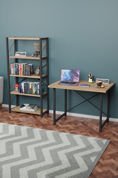 FurnatureDesign Metal Kitaplık 5 Raflı + 60x90 cm Çalışma Masası Atlantik Çam