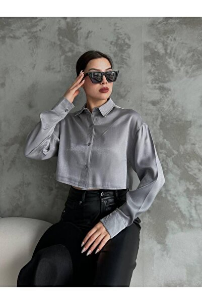 AB LOOKS Women's Shiny Glitter Short Oversize Basic Shiny Satin Shirt New Season Crop Satin Shirt