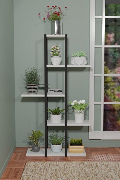 CMKStore 5 Raflı Çok Amaçlı Kitaplık - Çiçeklik - Saksı Standı Metal Saksılık Beyaz Renk