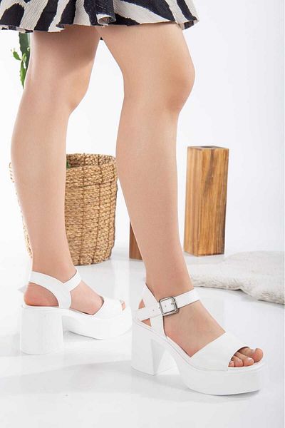 BUİSTİ White Single Stripe Thick Heeled Platform Women's Sandals - Summer