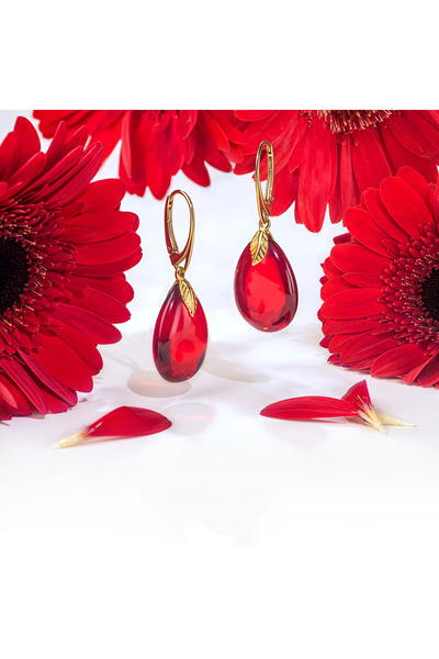 Amber by Mazukna Kırmızı Damla Kesim Kehribar Küpe, 925 Gümüş Altın Kaplama Kilit, Genç, Yetişkin, Sertifikalı