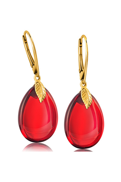 Amber by Mazukna Kırmızı Damla Kesim Kehribar Küpe, 925 Gümüş Altın Kaplama Kilit, Genç, Yetişkin, Sertifikalı