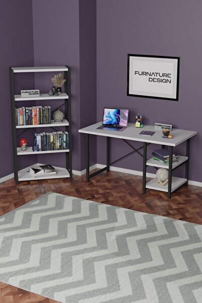 CMKStore Metal Kitaplık 5 Raflı + 60x120 cm Çalışma Masası Beyaz