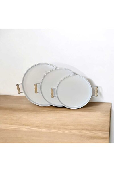 Genel Markalar Tepsi Seti Ahşap Kulplu Metal Çay Tepsisi Kahve Tepsisi Sunum Kahvaltı 3'lü Tepsi Seti