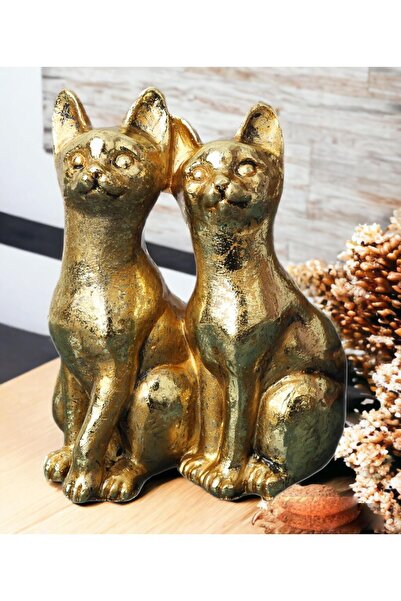 e-life shop Gold Kedi Çift Biblo Heykel Hediyelik Dekoratif Ürün Konsol Vitri...