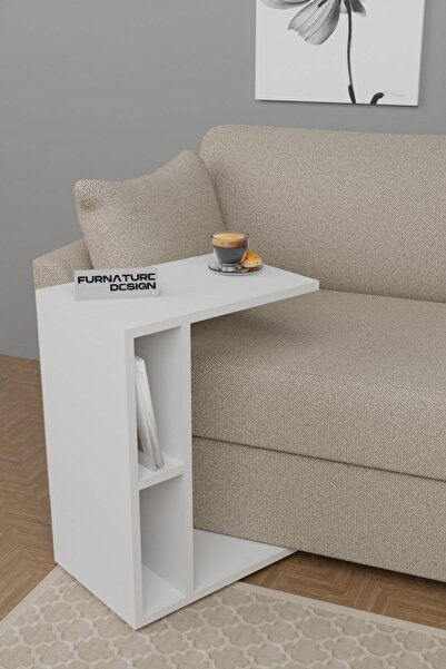 CMKStore C Yan Sehpa Tekerlekli Koltuk Kenarı Dergilik Sehpa Beyaz