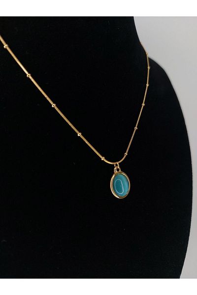 Romea Oval Cut Turquoise Blue Stone Dorica Chain Non-Tarnish Steel Necklace Gold Color