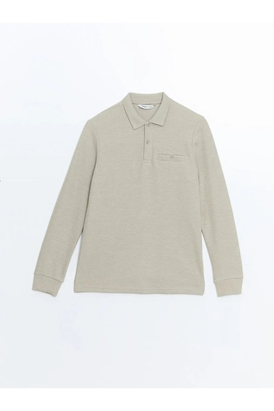 LC Waikiki LCWAIKIKI Classic Bej Melanj Polo Yaka Uzun Kollu Erkek Sweatshirt