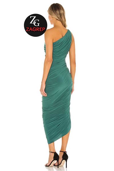 Zagrep Γυναικείο φόρεμα Emerald Green Draped Gathered One Shoulder Φόρεμα με φερμουάρ με επένδυση που δεν δείχνει εσωτερικά Midi φόρεμα