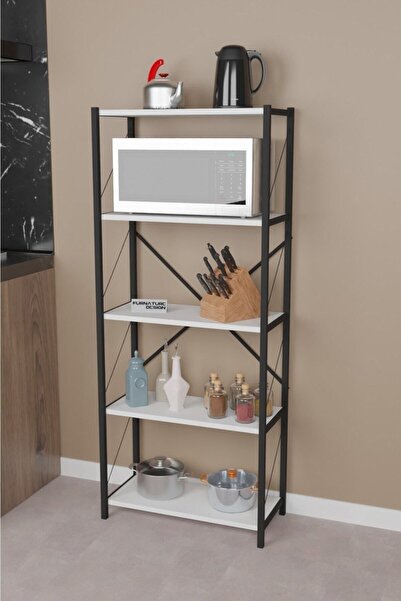 FurnatureDesign Metal Mutfak Rafı 5 Raflı Dekoratif Malzeme Dolabı Mikrodalga...