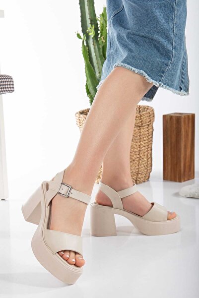 BUİSTİ Sandale de damă bej - toc gros, talpă cu platformă, material de vară c...