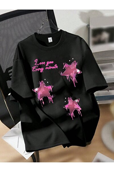 Jose Clothing Tricou oversize din bumbac organic negru cu imprimeu cu guler rotund - mânecă scurtă