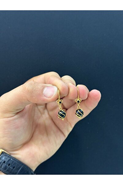 ahes kuyumculuk 14 Ayar Altın Mardin El İşçiliği İle Yapılan Kafes Modeli Siyah Küpe