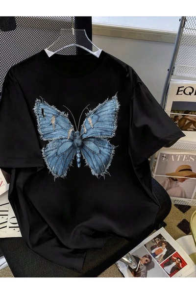 Jose Clothing تي شيرت أسود كبير الحجم مطبوع برقبة دائرية من القطن العضوي - كم...