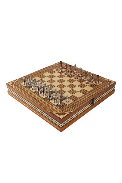 e-life shop Luxury Metal Chess Set Chrome Plated Bronze Set & Custom Embroidered Handmade Storage Chest Set of 2