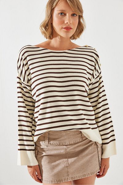 Bianco Lucci Striped Shoulder Buttoned Women's Sweater - 20247511
