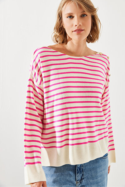 Bianco Lucci Striped Shoulder Buttoned Women's Sweater - 20247511