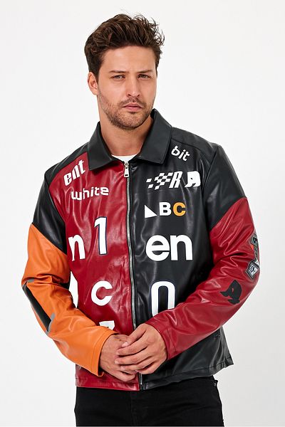 Black Level Men's Oversize Biker Printed Coat - Zippered and Lined Racer Jacket Garnished College Bomber Coat