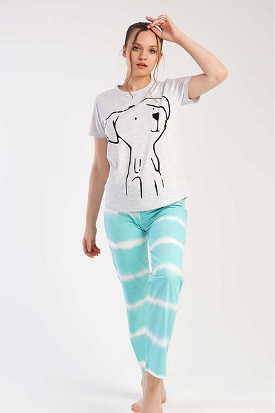 New Pajamas Set de pijamale cu tiv oval cu mâneci scurte, cu decolteu, cu model verde apă gri