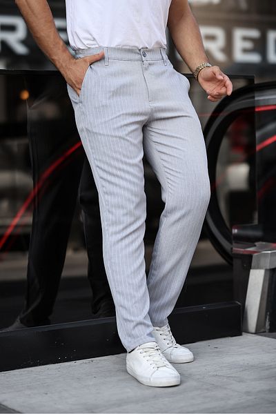 comstar Ανδρικό Slim Fit ίσιο παντελόνι Basic γκρι ριγέ