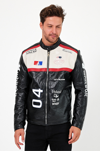 Black Level Ανδρικό Oversize Puff Leather Racer Jacket College Παλτό με στάμπα με φερμουάρ Bomber